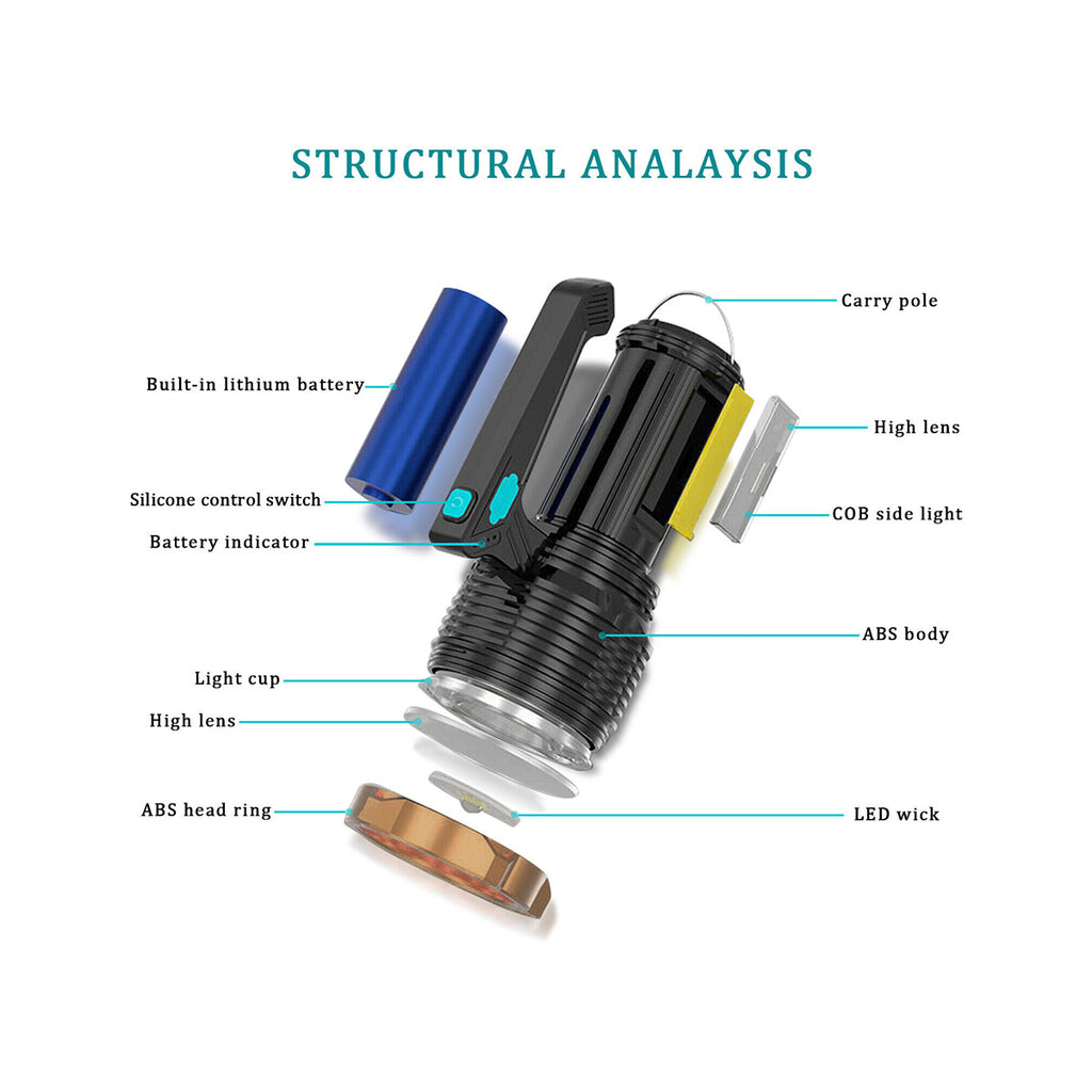LED Torch USB Rechargeable COB Flashlight Spotlight Camping Light